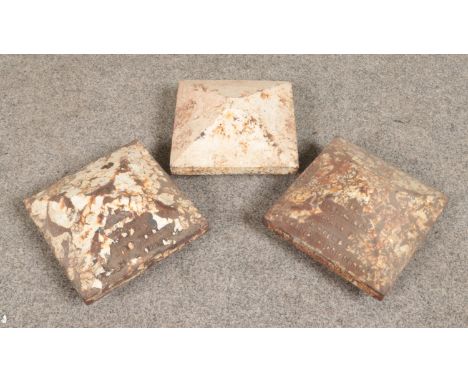 Three vintage painted cast iron railway signal tops. Includes two LNER, Westinghouse Brake and Signal Company examples.  