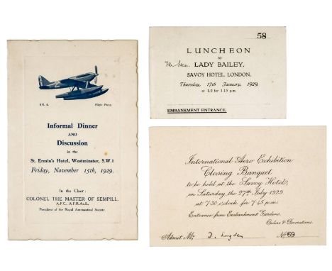 *Schneider Trophy. Informal Dinner and Discussion in the St. Ermin's Hotel, Westminster Menu Card, 15 November 1929,  the cov