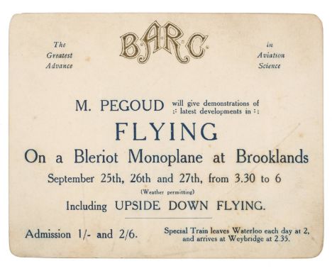 Brooklands Automobile Racing Club. A multi-signed printed card advertising an event at which 'M. Pegaud will give demonstrati