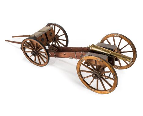 *Field Gun. A modern Waterloo period model field gun,  the 18.5cm brass cannon with various cypher crests, mounted on a mahog