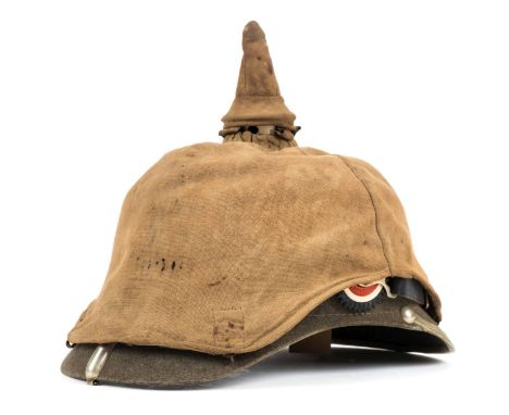 *Pickelhaube. A very good example of a Bavarian ersatz felt pickelhaube,  the one piece skull with white metal helmet plate a