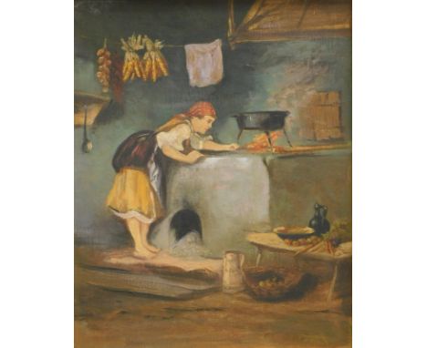 19thC School. Lighting the stove, oil on canvas,  49cm x 39cm.