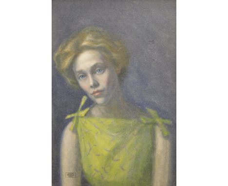 Nicholas Egon (1921-2017). Half length portrait of a young lady, oil on board, studio stamp, 59cm x 39cm.