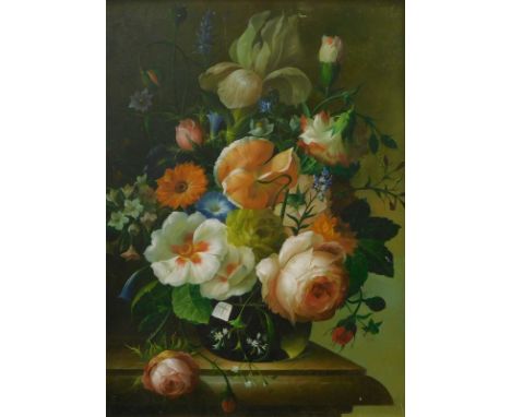 Dutch School. Floral study, flowers in glass vase mounted on a shelf, oil on board, 39.5cm x 29.5cm.