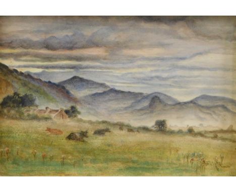 John Henry Hill (1839-1922). Grazing cattle before farm buildings and hills, watercolour, signed, 22cm x 27cm, after Taylor b