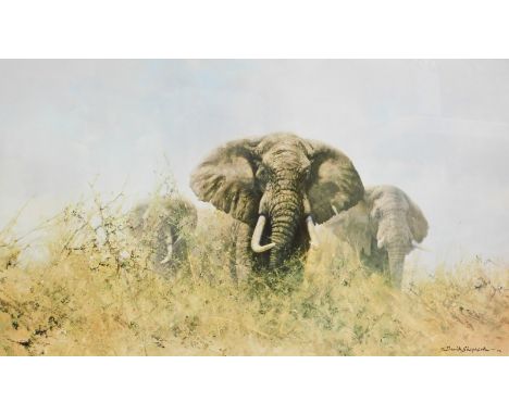 David Shepherd (1931-2017). Three Happy Jumbos, artist signed print, 47cm x 84cm and another The Ivory Is Theirs. (2)