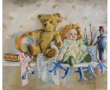 Avril Morris (20thC). The Toy Shelf, watercolour, 44cm x 50cm.