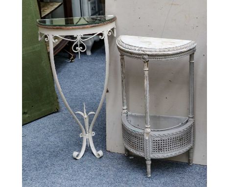 A grey painted marble-topped console table with fluted uprights, together with a 20th century painted metal console table wit