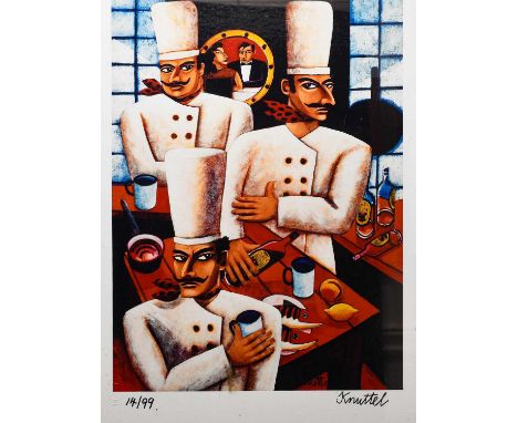 Graham Knuttel (b.1954) Irish "Three Chefs"Signed and numbered 14/99, giclee print, together with a further signed print by t