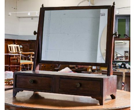 A George III mahogany inlaid toilet mirror, with two drawers and raised on bracket supports, 51cm by 21cm by 53cm