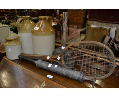A stoneware jar; another Chesterfield, retailers impressed label, single handle; a thatcher's mallet; a garden syringe; a ten