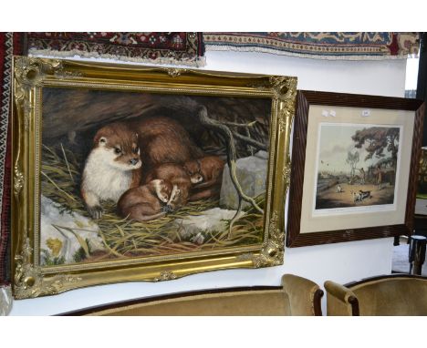 Oil on board, Otters; a print, La Chase Aux Perdix (2)