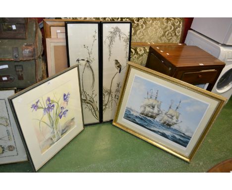 Pictures and Prints - a David Shepherd print; a signed maritime print; a Chinese silk screen; etc (5)