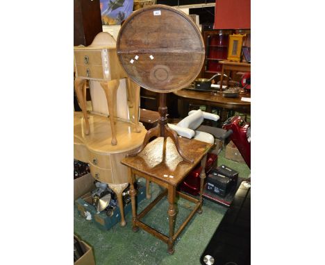 A George III tilt top tripod table, dished circular top, turned column, cabriole legs, pad feet; an oak occasional table, rec