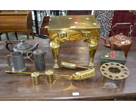 A 19th century brass Footman,a painted tin first aid box, a pewter  kettle,a copper kettle etc (1 box) 
