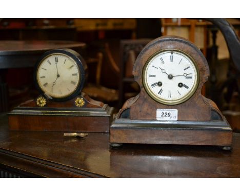 A late 19th century French walnut mantel clock, white enamel dial, Roman numerals, twin winding holes, striking on a bell, bu