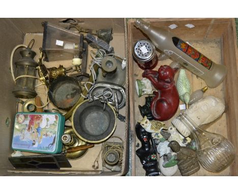  A trench art shell converted to a wine bottle coaster; a brass mortar with wooden pestle; assorted French brass table lamps,