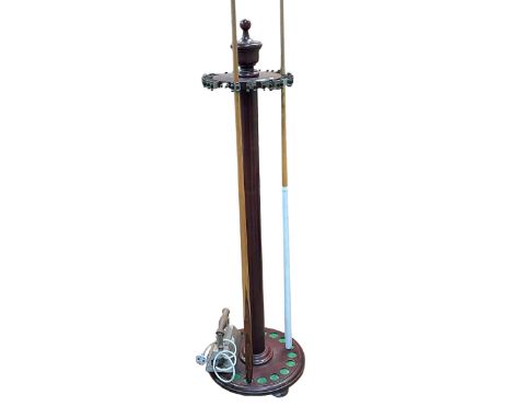 Circular floor standing billiard cue rack, two cues and vintage Siemens snooker table iron.