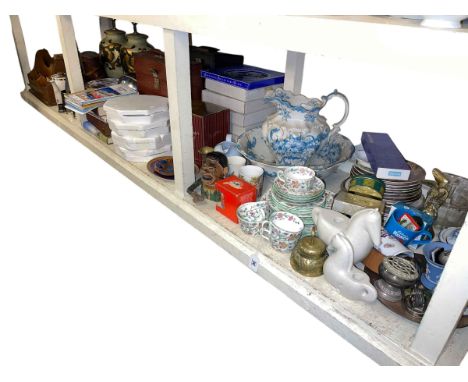 Large collection of decorative porcelain including Minton Haddon Hall, Wedgwood, wood wares, records, binoculars, miners lamp