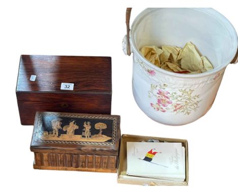 Rosewood tea caddy, olive wood box, Victorian slop pail and fourteen vintage postcards.