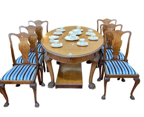 1920's/30's mahogany nine piece dining suite comprising bow front sideboard, 112cm by 154cm by 60cm, oval extending dining ta