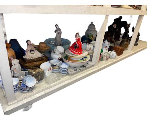 Collection of bronzed sculptures, figurines, decorative porcelain, table lamp, etc.