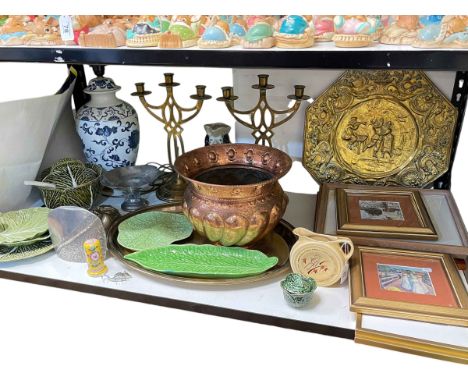 Helgi Joensen Norway pewter, decorative copper jardiniere, blue and white table lamp, prints, etc.