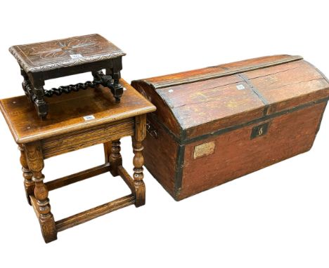 Vintage dome topped trunk, Victorian carved oak stool and oak turned leg stool (3).