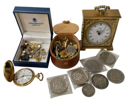 Small mantel clock, pocket watch, coins, jewellery, etc.