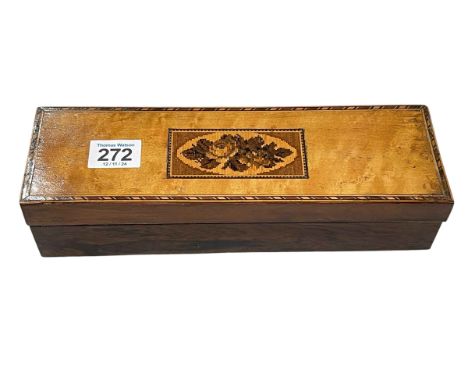 Tunbridge Ware pen box with inkwell, pin and letter knife, 25cm wide.