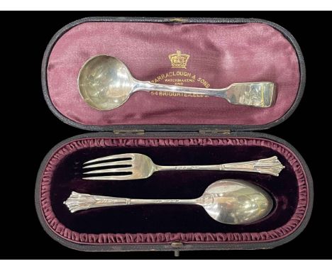 Victorian silver christening spoon and fork, London 1890, cased, and silver sauce ladle (2).