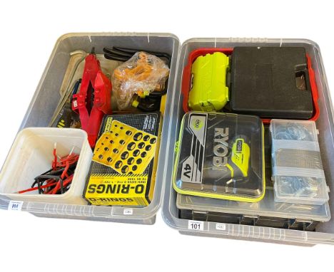 Collection of tools including Ryobi, Sawhorse bench, etc.