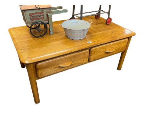 Ercol style elm four drawer low storage table, 43cm by 100cm by 60cm.