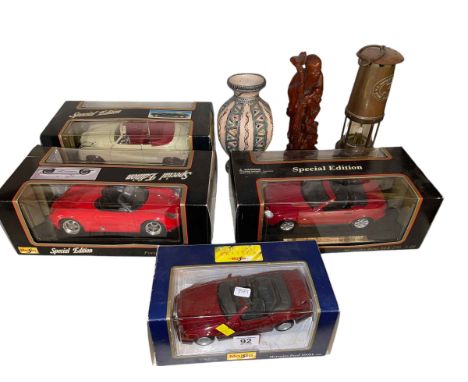 Miners lamp, oil lamp, Maisto Diecast vehicles, vase, etc.