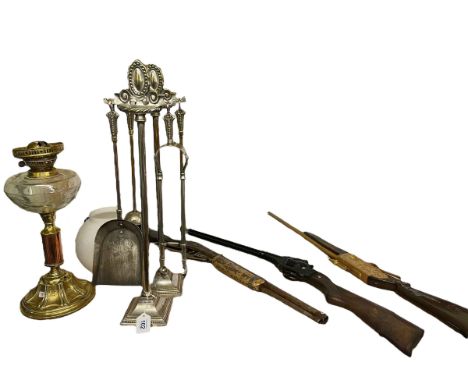 Victorian brass and copper oil lamp with etched reservoir, fireside accessories, three replica rifles, etc.