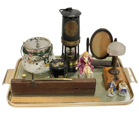 Hailwood Improved Miners lamp, pottery biscuit barrel, seated figures, papier mache tidy, etc.