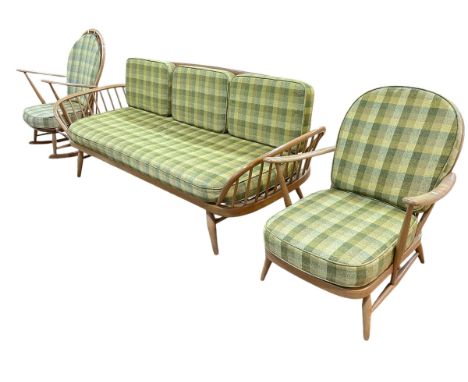 Vintage Ercol Windsor three piece lounge suite comprising Studio couch, rocking chair and easy chair.