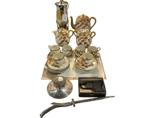 Protector miners lamp, fifteen piece Satsuma coffee set, silver inkwell, white metal horn handle letter opener with silver bl