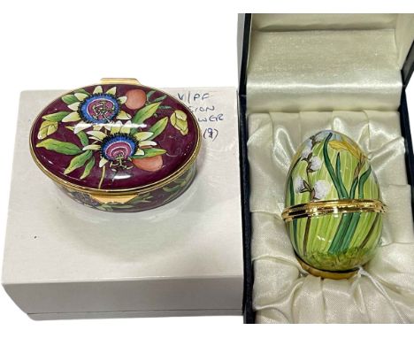 Moorcroft enamel Passion Flower oval box designed by Sarah-Jane Gillespie, and Moorcroft enamel Spring Meadow egg cup designe
