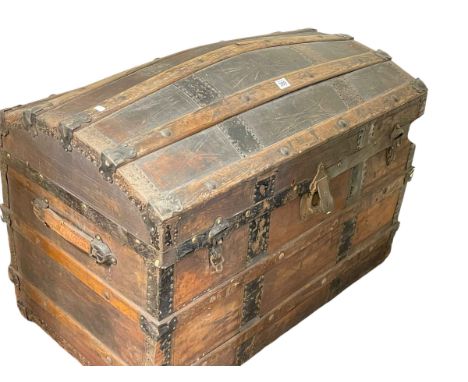 Vintage dome topped trunk and Victorian double weight Vienna wall clock.