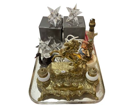 Ornate brass and pottery desk stand, Hummel lamp, five Rosenthal candle holders and swan card wood candle holder.