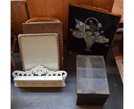 A black metal deed box, firescreen, shelf, tray, shove ha' penny, and three wicker baskets