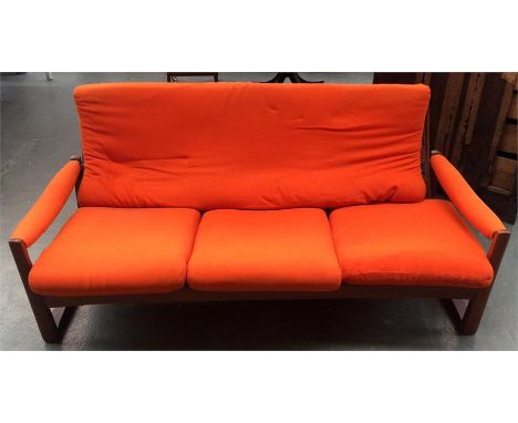 A mid-century Guy Rogers Virginia three seater sofa, built in a Scandinavian style, with teak frame, upholstered in a bright 