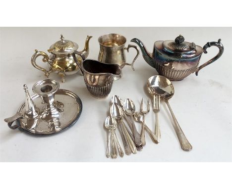 A mixed collection of EPNS and plates wares including teaspoons, teapot and milk jug, tankard, and other items