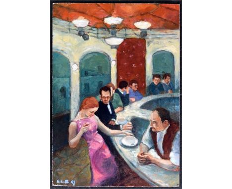 20th century British School, oil on artist's board, 'Bar Scene', signed lower left ELR '47, together with a framed portrait o