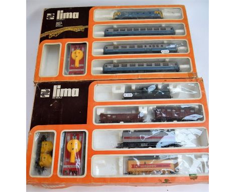 Two boxes of Lima Ho scale model railway engines and rolling stock (12 items), Intercity engine and three carriages, goods di