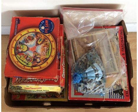A box of vintage jigsaw puzzles, a box of card games, and a Subbuteo table soccer set
