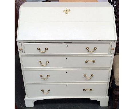 A white painted bureau with fitted interior and secret drawers, having four long graduated drawers below with brass swan neck
