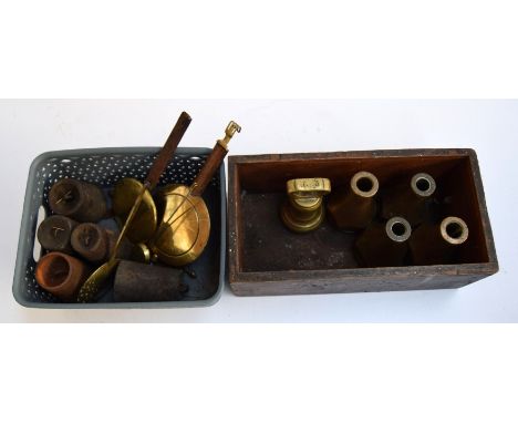 Two small boxes of clock weights and pendulums