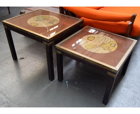 A pair of mahogany and brass coffee tables, having world map to tops, 46x54x40cmH and 44x45.5x34cmH